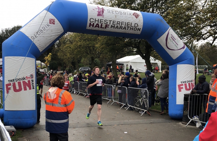 Lee at the finishing line of the Chesterfield Half Marathon