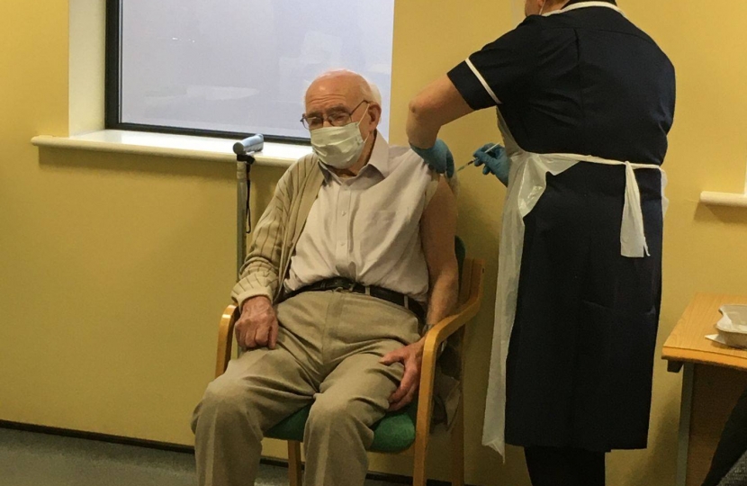  101-year old Robert Stopford-Taylor getting his vaccination at the Stubley Medical Practice