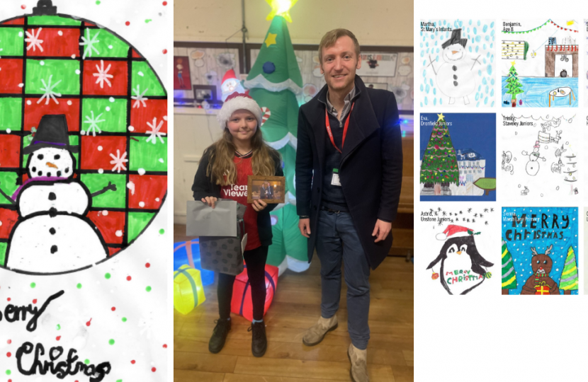 Winning design with the winner Evie from Marsh Lane and Lee Rowley MP and back of card design