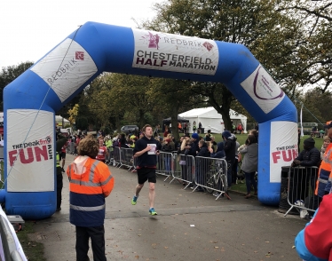 Lee at the finishing line of the Chesterfield Half Marathon