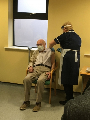 101-year old Robert Stopford-Taylor getting his vaccination at the Stubley Medical Practice